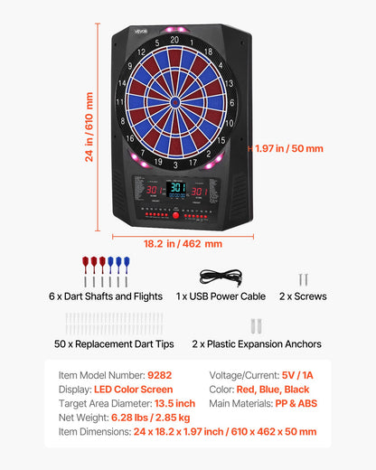 Electronic Dart Board, 13.5" Target Dartboard with 45 Games & 474 Variations for Up to 8 Players, 6 Dart Shafts with Flights & 50 Soft Tips, Color LED Cricket Scoring Screen for Home Party Bar