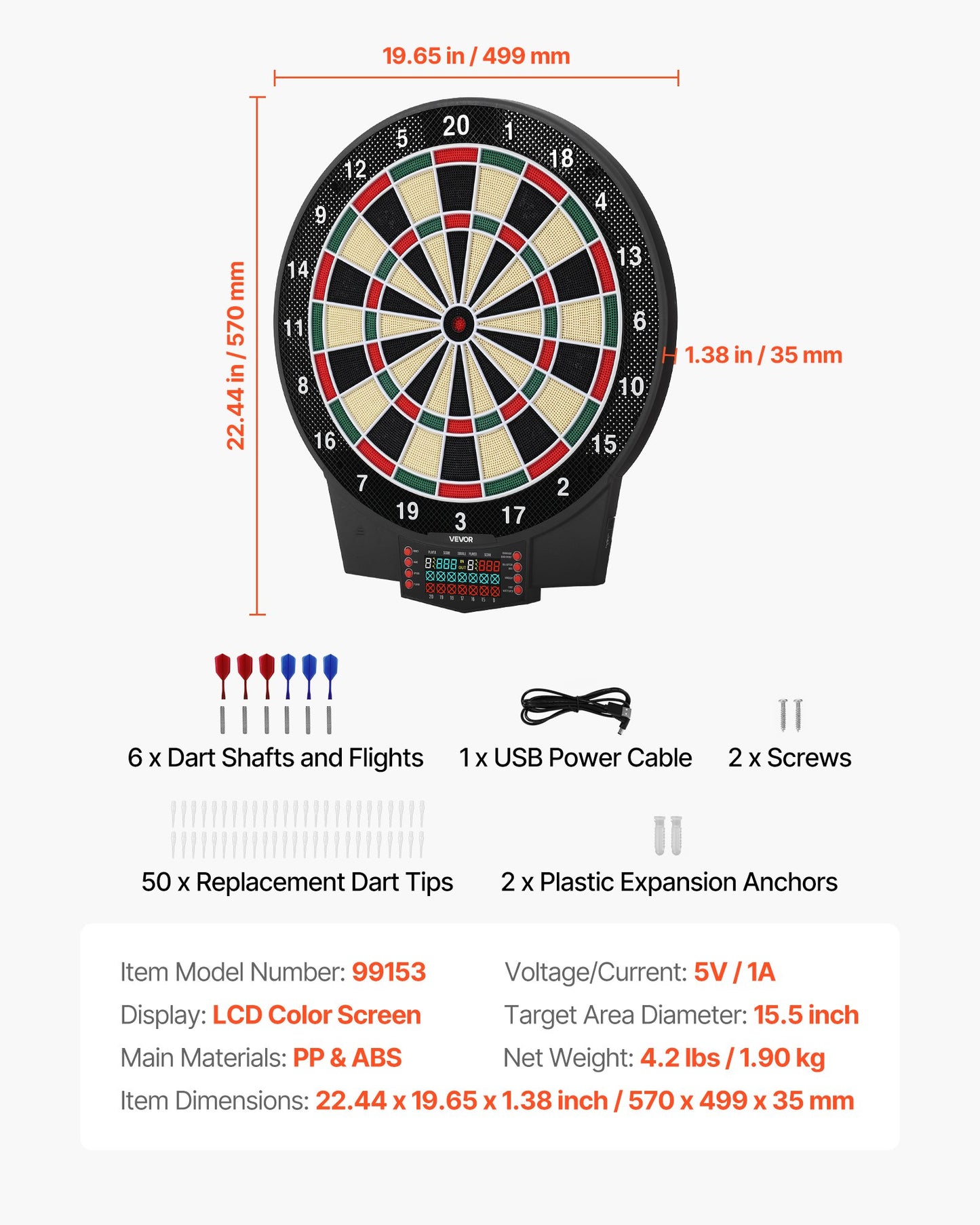 Electronic Dart Board, 15.5" Target Dartboard with 43 Games & 320+ Variations for Up to 8 Players, 6 Dart Shafts with Flights & 50 Soft Tips, Color LCD Scoring Screen for Home Party Game Room