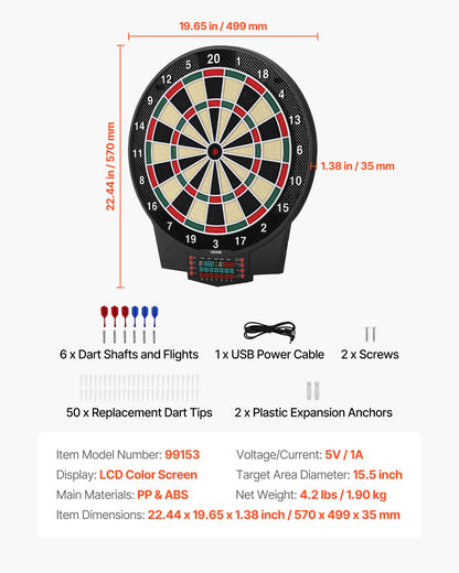 Electronic Dart Board, 15.5" Target Dartboard with 43 Games & 320+ Variations for Up to 8 Players, 6 Dart Shafts with Flights & 50 Soft Tips, Color LCD Scoring Screen for Home Party Game Room