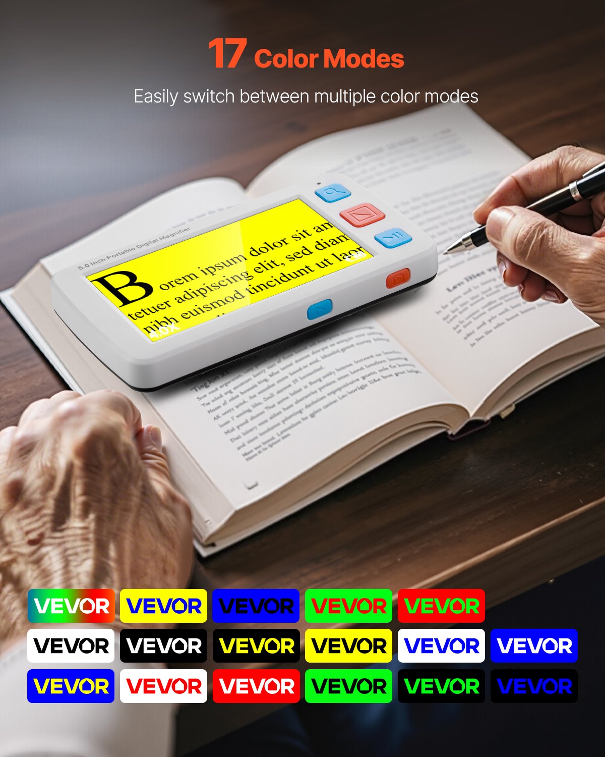 Portable Digital Magnifier, 5-inch HD Electronic Video Magnifier for Low Version, 4X - 32X Zoom Electronic Reading Aid with 17 Color Mode, AV Output, Foldable Handle & 5-Level Screen Brightness