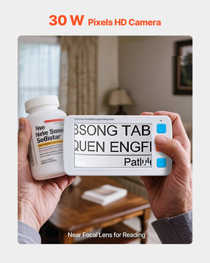 Portable Digital Magnifier, 5-inch HD Electronic Video Magnifier for Low Version, 4X - 32X Zoom Electronic Reading Aid with 17 Color Mode, AV Output, Foldable Handle & 5-Level Screen Brightness