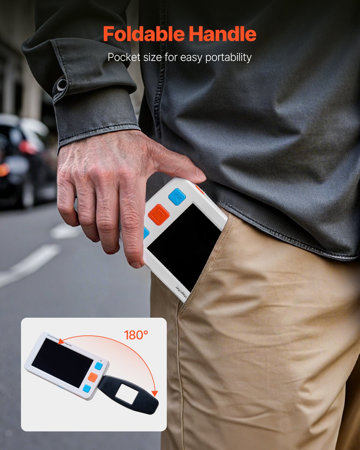 Portable Digital Magnifier, 5-inch HD Electronic Video Magnifier for Low Version, 4X - 32X Zoom Electronic Reading Aid with 17 Color Mode, AV Output, Foldable Handle & 5-Level Screen Brightness