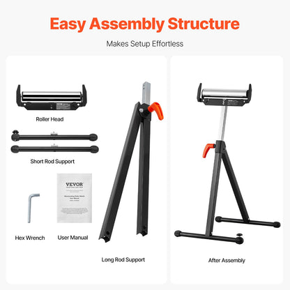 Roller Stand, 250 lb Load Capacity, 27 in-43 in Adjustable Height, Folding Heavy Duty with Edge Guides & 11.5 in Polished Steel Roller Head, for Table Saw Outfeed Woodworking Extension Support