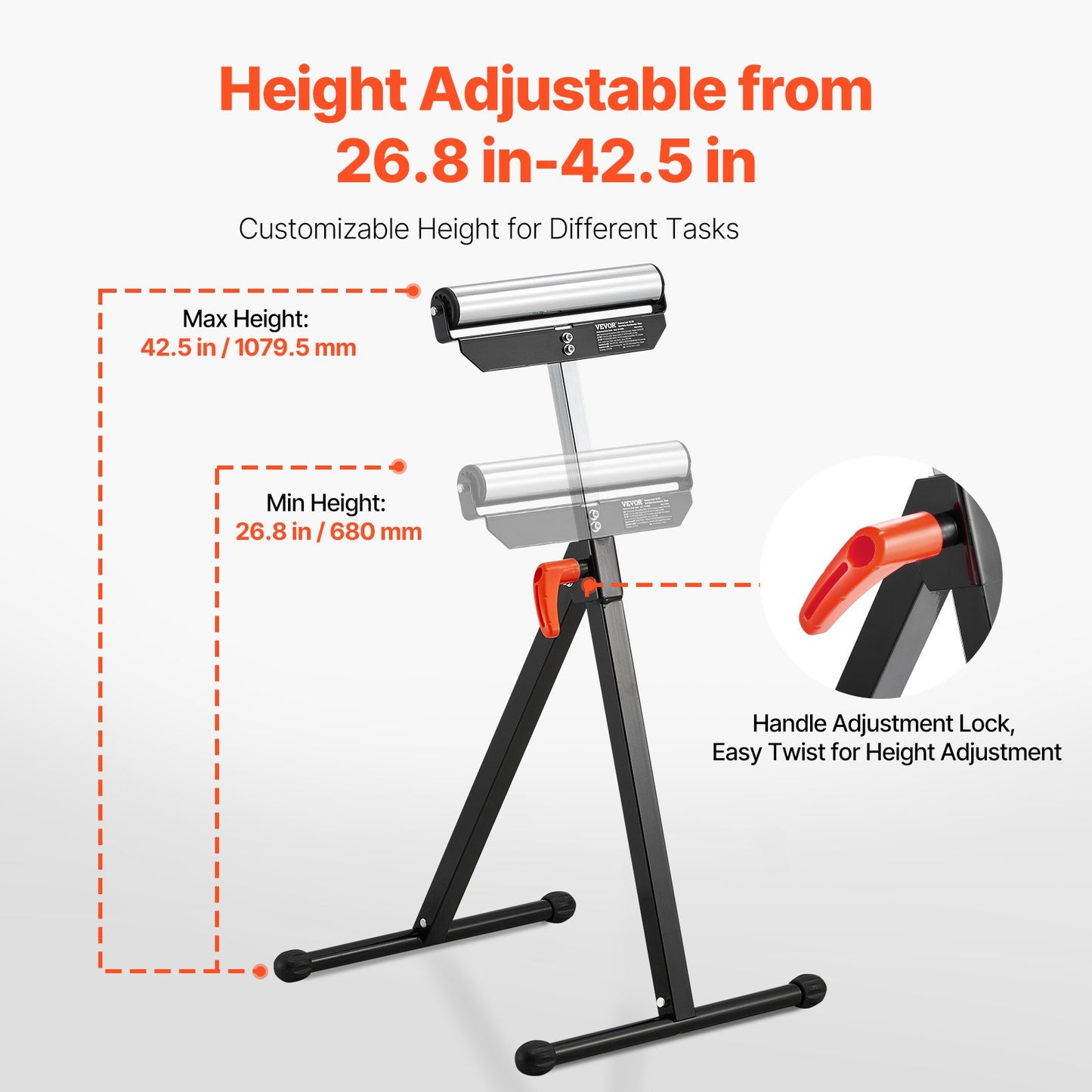 2-Pack Roller Stands, 135 lb Load Capacity, 26.8-42.5'' Adjustable Height, Folding Heavy Duty Design with 11.5 in Polished Steel Roller Head, for Table Saw Outfeed Woodworking Extension Support