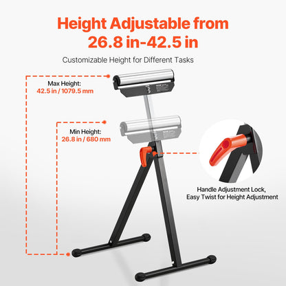 2-Pack Roller Stands, 135 lb Load Capacity, 26.8-42.5'' Adjustable Height, Folding Heavy Duty Design with 11.5 in Polished Steel Roller Head, for Table Saw Outfeed Woodworking Extension Support