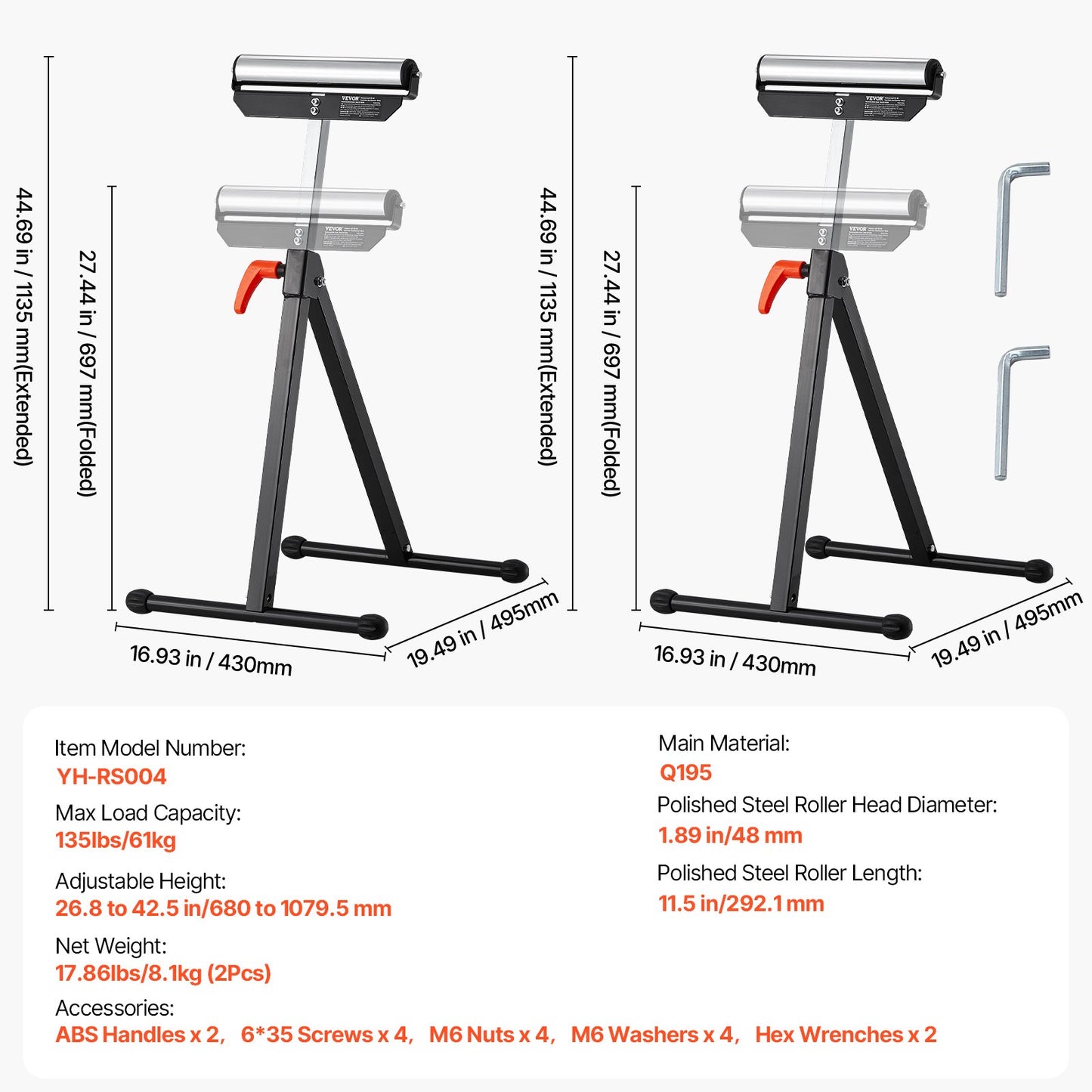 2-Pack Roller Stands, 135 lb Load Capacity, 26.8-42.5'' Adjustable Height, Folding Heavy Duty Design with 11.5 in Polished Steel Roller Head, for Table Saw Outfeed Woodworking Extension Support