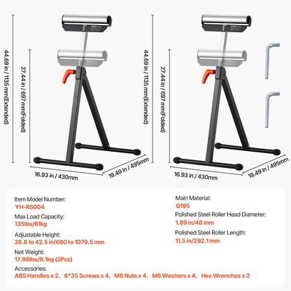2-Pack Roller Stands, 135 lb Load Capacity, 26.8-42.5'' Adjustable Height, Folding Heavy Duty Design with 11.5 in Polished Steel Roller Head, for Table Saw Outfeed Woodworking Extension Support