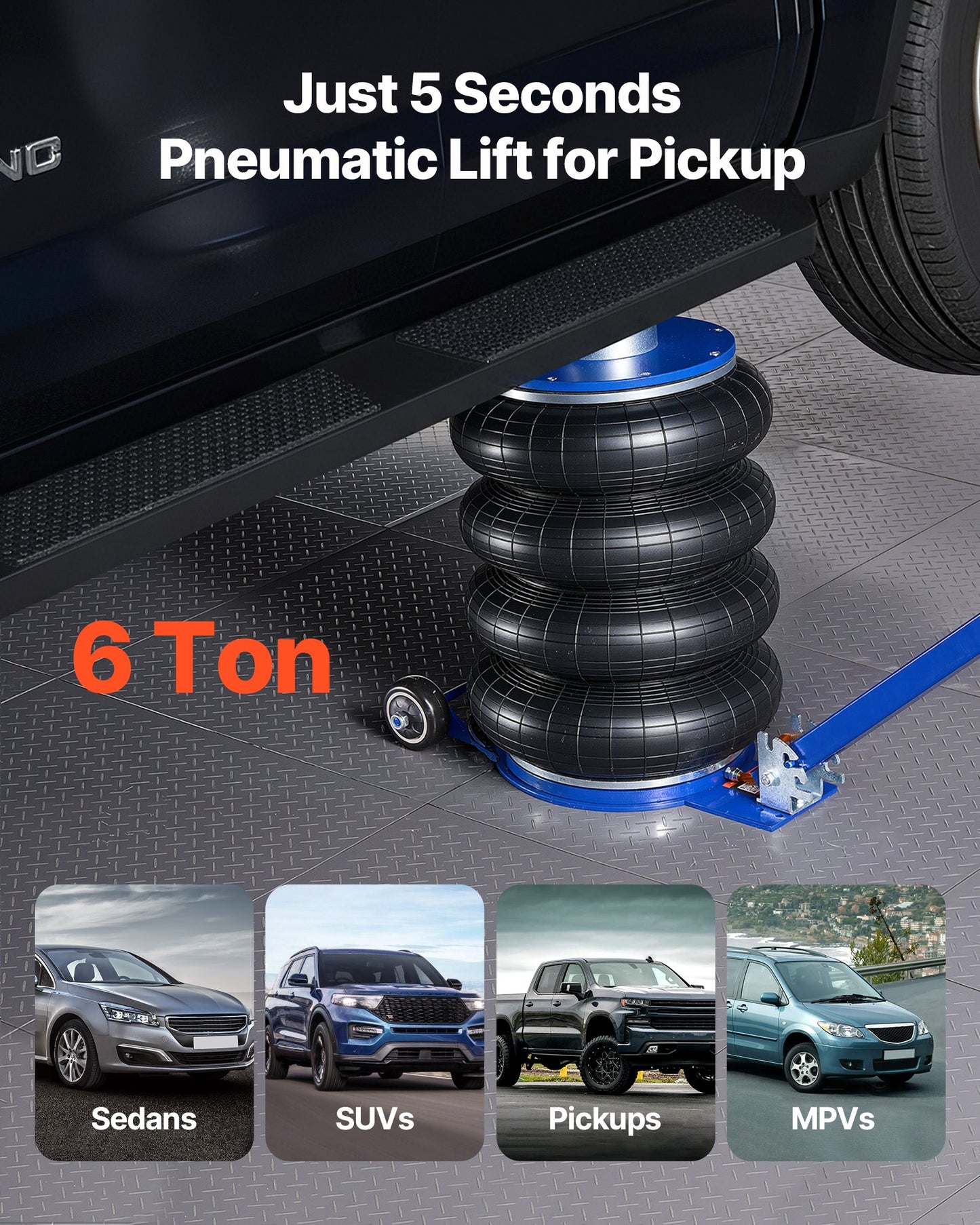 Air Jack, 6 Ton/13227 lbs Airbag Jack, Lift Up to 26.5 inch with Heightened Column, Adjustable Handle & Thick Rubber Pad, 2-5 s Fast Lifting Pneumatic for Car, SUV, Pickup Truck Repair, Garage