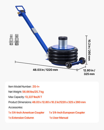 Air Jack, 6 Ton/13227 lbs Airbag Jack, Lift Up to 26.5 inch with Heightened Column, Adjustable Handle & Thick Rubber Pad, 2-5 s Fast Lifting Pneumatic for Car, SUV, Pickup Truck Repair, Garage