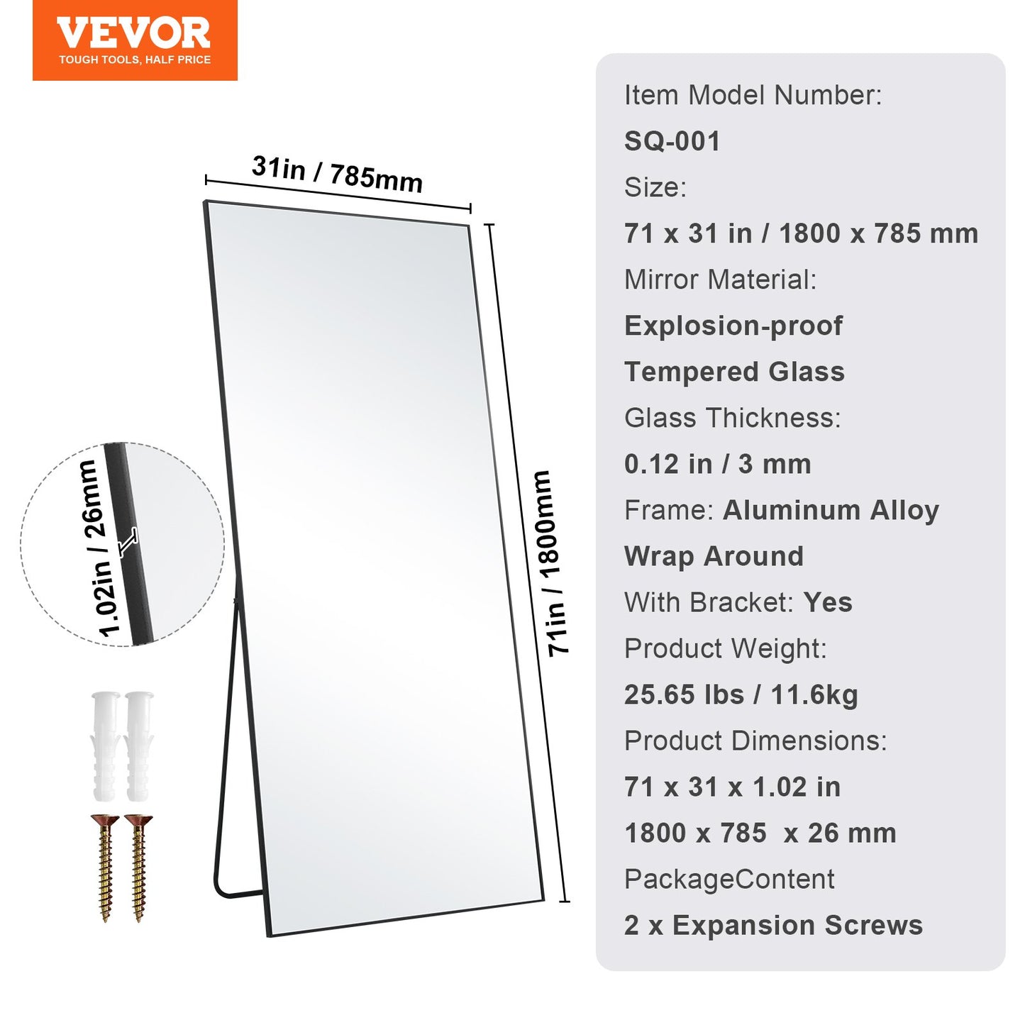 Full Length Floor Mirror 71'' x 31'' Freestanding Wall Mounted with Stand
