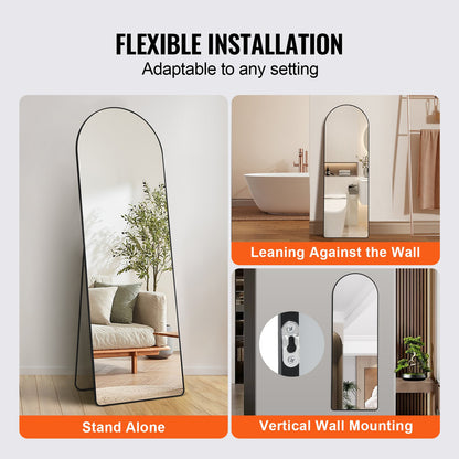 Curved Tall Mirror, 65'' x 22'', Spacious Standalone or Wall Mount Reflective Surface with Aluminum Frame, Comprehensive View Dress Mirror for Bedroom or Living Space, Black