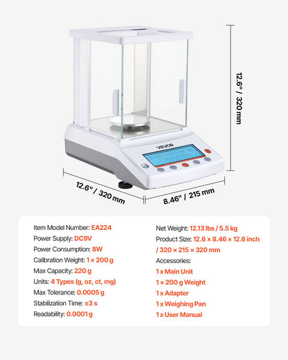 Analytical Balance, 220 g x 0.1 mg, 0.0001 g High Precision Accuracy Lab Scale, g/oz/ct/mg 4 Units Electronic Digital Analytical Balance with Glass Draft Shield, for Laboratory Jewelry Pharmacy