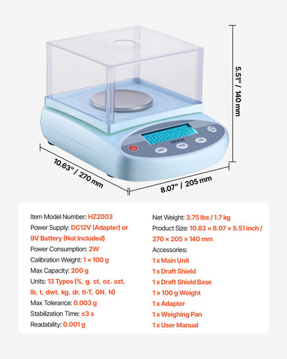Analytical Balance, 200 g x 0.001 g, High Precision Accuracy Lab Scale, 13 Units Electronic Digital Analytical Balance with Glass Draft Shield and Weighing Pan, for Laboratory Jewelry Pharmacy
