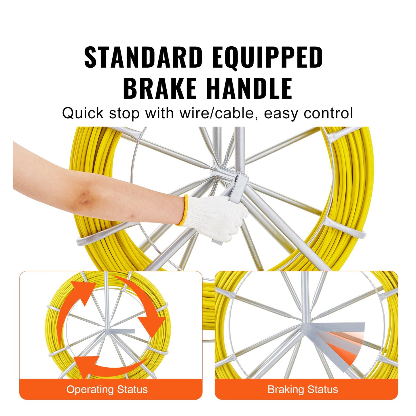 Fish Tape Fiberglass, 600 ft, 5/16 in, Duct Rodder Fishtape Wire Puller, Cable Running Rod with Steel Reel Stand, 3 Pulling Heads, Fishing Tools for Walls and Electrical Conduit, Non-Conductive