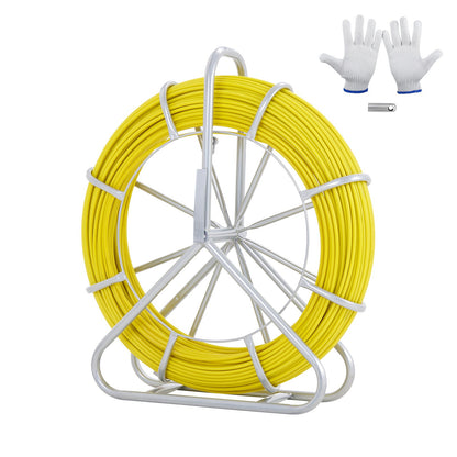 Fish Tape Fiberglass, 600 ft, 5/16 inch, Duct Rodder Fishtape Wire Puller, Cable Rod with Steel Reel Stand, 3 Pulling Heads, Fishing Tool for Walls and Electrical Wires, Non-Conductive