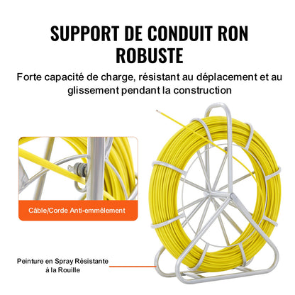 Fish Tape Fiberglass, 425 ft, 1/4 inch, Duct Rodder Fishtape Wire Puller, Cable Running Rod with Steel Reel Stand, 3 Pulling Heads, Fishing Tools for Walls and Electrical Conduit, Non-Conductive