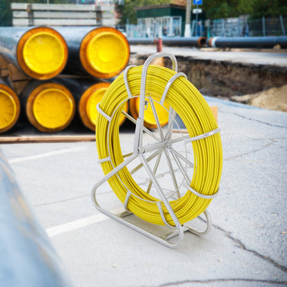 Fish Tape Fiberglass, 425 ft, 1/4 inch, Duct Rodder Fishtape Wire Puller, Cable Running Rod with Steel Reel Stand, 3 Pulling Heads, Fishing Tools for Walls and Electrical Conduit, Non-Conductive