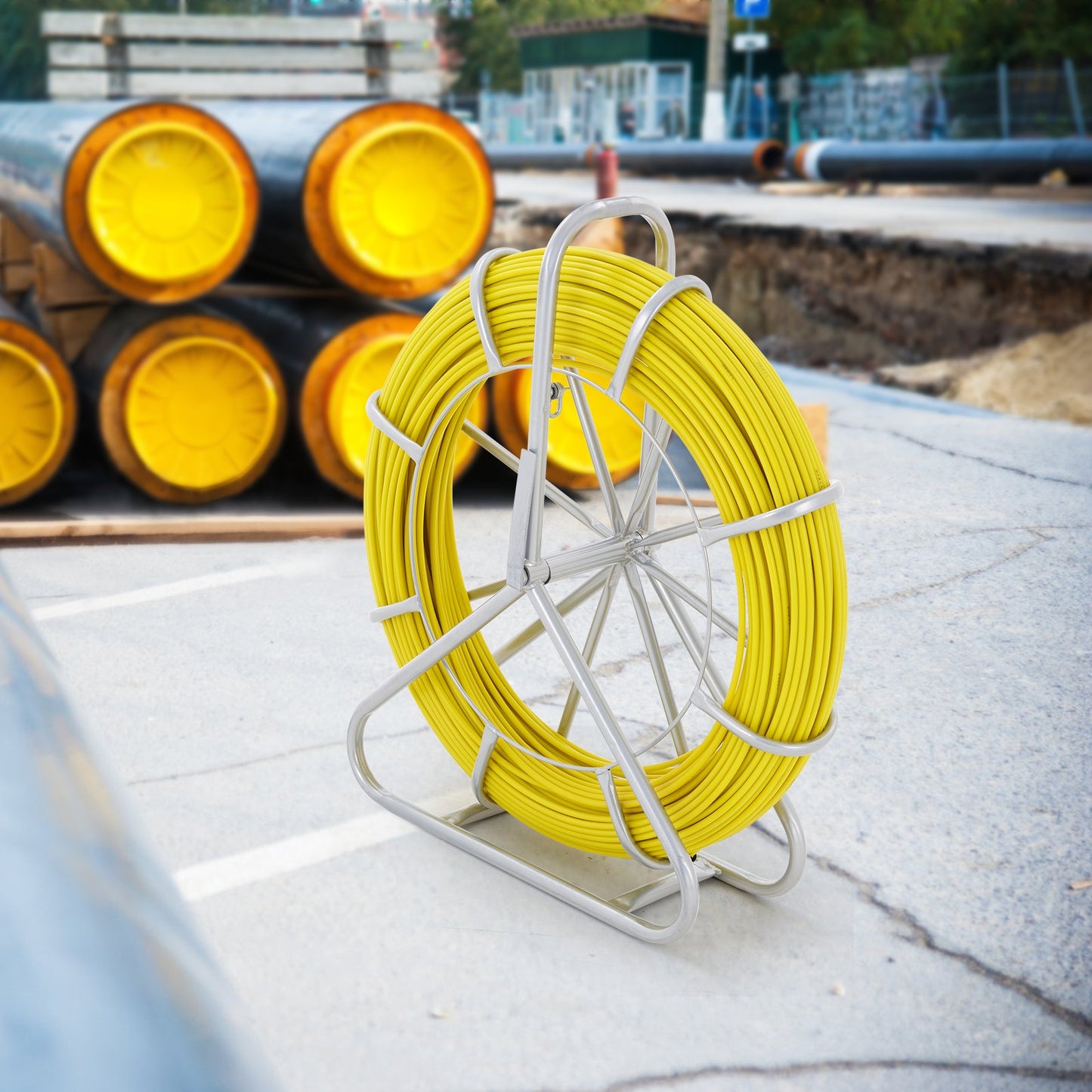 Fish Tape Fiberglass, 656 ft, 1/4 inch, Duct Rodder Fishtape Wire Puller, Cable Running Rod with Steel Reel Stand, 3 Pulling Heads, Fishing Tools for Walls and Electrical Conduit, Non-Conductive