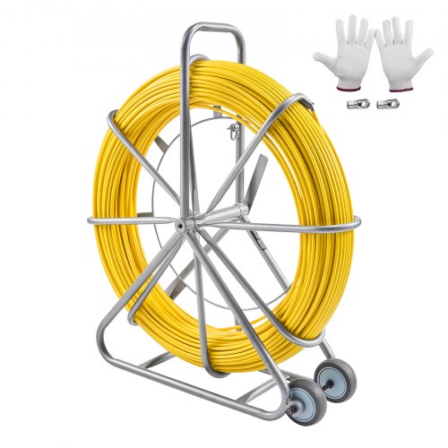Fish Tape Fiberglass, 656 ft, 5/16 in, Duct Rodder Fishtape Wire Puller, Cable Running Rod with Steel Reel Stand, 3 Pulling Heads, Fishing Tools for Walls and Electrical Conduit, Non-Conductive