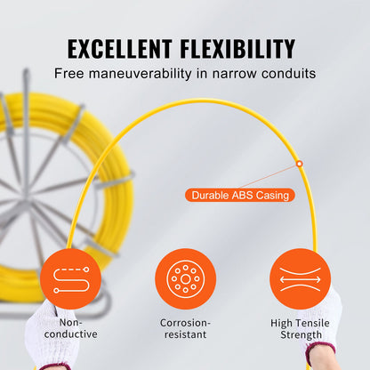 Fish Tape Puller Glasfiber 656 ft 5/16 in Wire Cable Running Duct Rodder