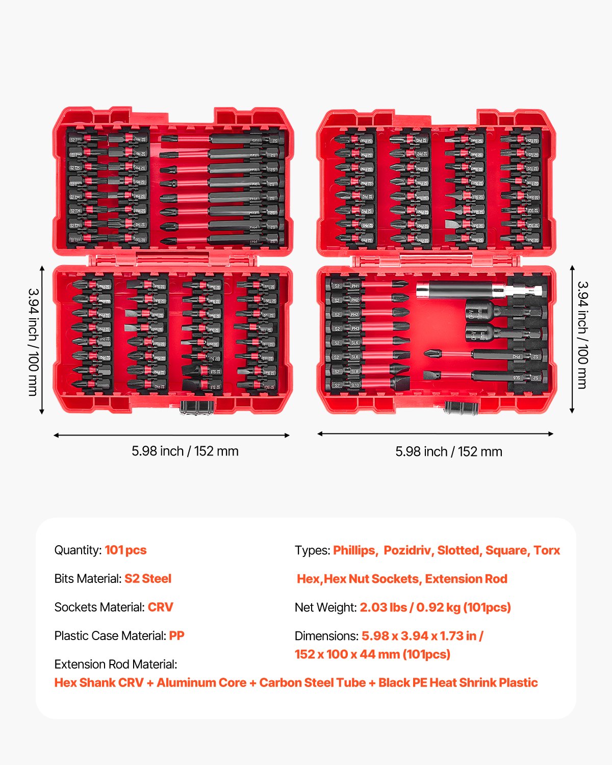 Screwdriver Bit Set, 101-Piece, Magnetic Phillips, Pozidriv, Slotted, Square, Torx, Hex Bits, Hex Nut Sockets, Extension Rod with Storage Case, High-Strength S2 Alloy Steel, Blackened Finish
