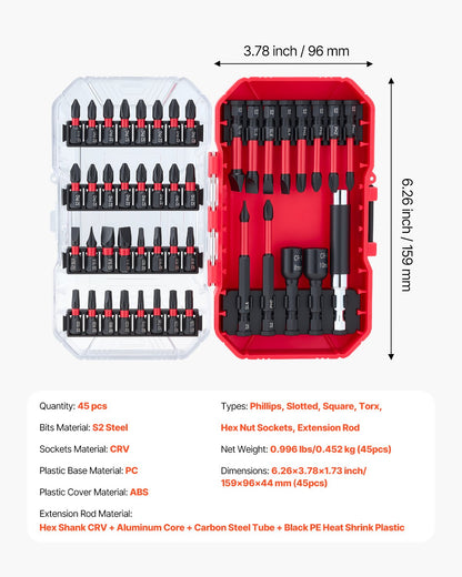 Screwdriver Bit Set, 45-Piece, Magnetic Phillips, Slotted, Square, Torx Bit, Hex Nut Sockets, Extension Rod with Transparent Storage Case, High-Strength S2 Alloy Steel, Blackened Finish