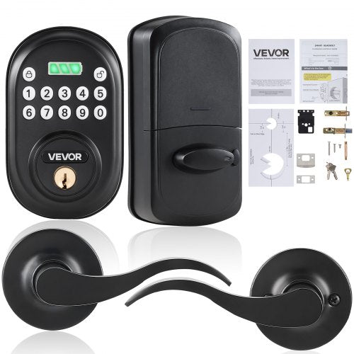 Keyless Entry Door Lock with Handle, Electronic Keypad Entry Lever, Password and Key Unlock Combination, Auto-Locking Keypad with Deadbolt, One-time Password, for Front Door, Matte Black