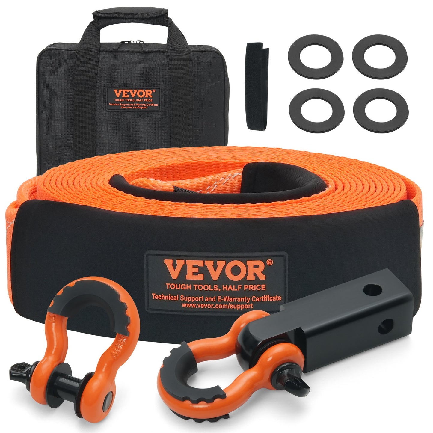 Polyester Heavy Duty Drag Strap Recovery Kit 3" x 30 ft (MBS-36,000 lbs) Winch Strap, Triple Reinforced Loop, Snatch Strap + 2" Shackle Hitch Receiver + 3/4" D-Ring Shackles (2PCS) + Storage Bag
