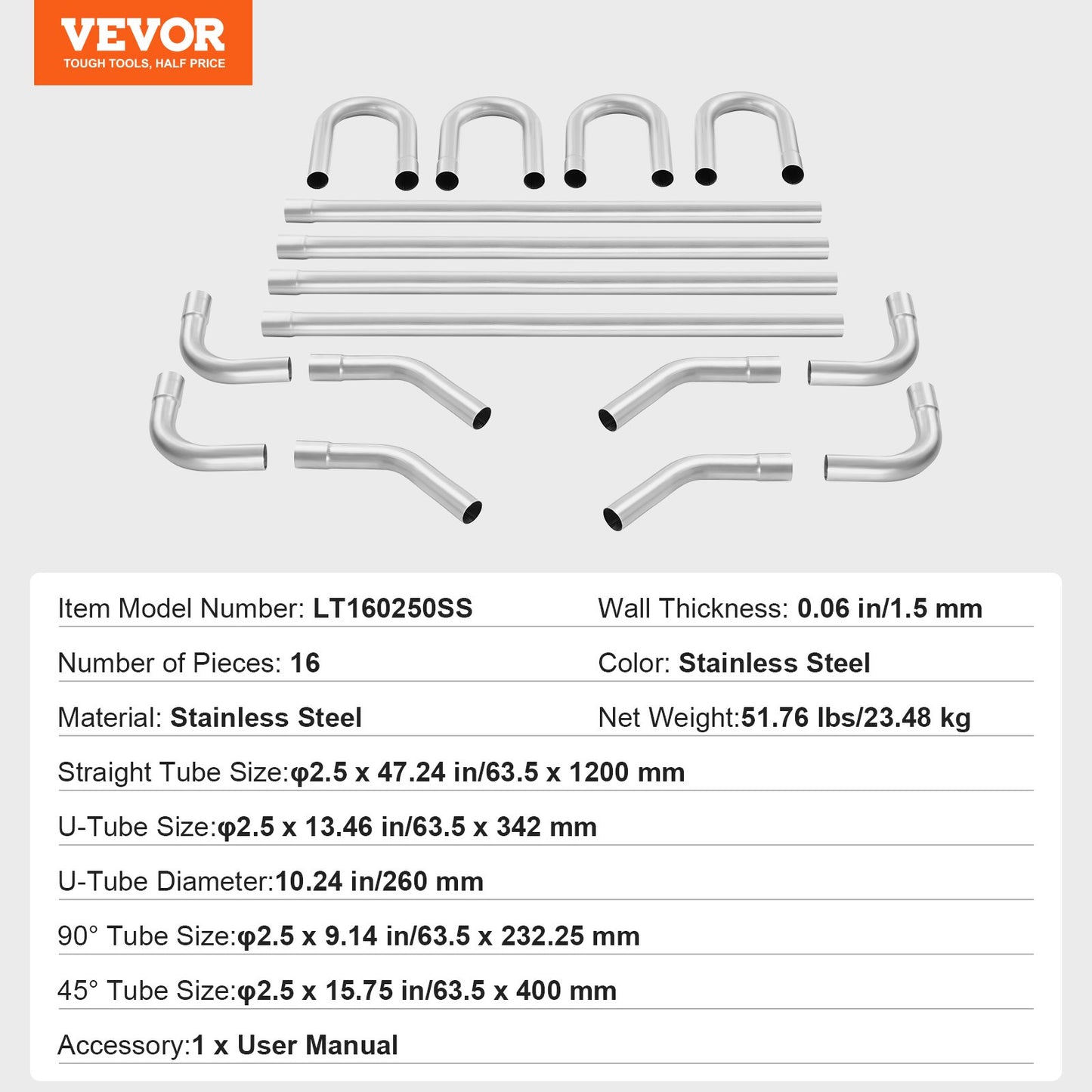 Exhaust Kit, 16pcs, DIY Universal Stainless Steel Exhaust Kit with Slip-Fit Joint & Large Exhaust Tube, Rust-Proof Exhaust Pipe for Exhaust System, Fit for Garage/Auto Repair Store/4S Store