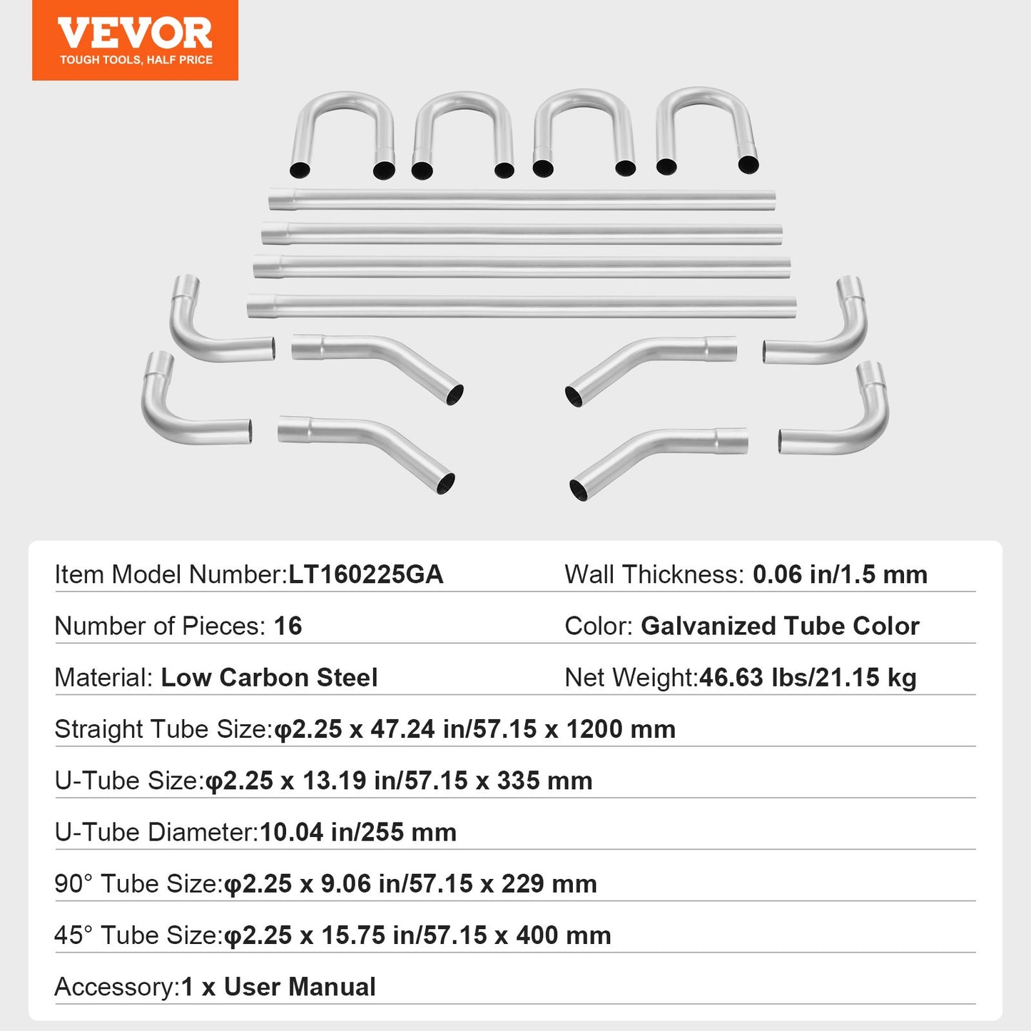 Exhaust Kit, 16pcs, DIY Universal Galvanized Steel Exhaust Kit with Slip-Fit Joint & Large Exhaust Tube, Rust-Proof Exhaust Pipe for Exhaust System, Fit for Garage/Auto Repair Store/4S Store