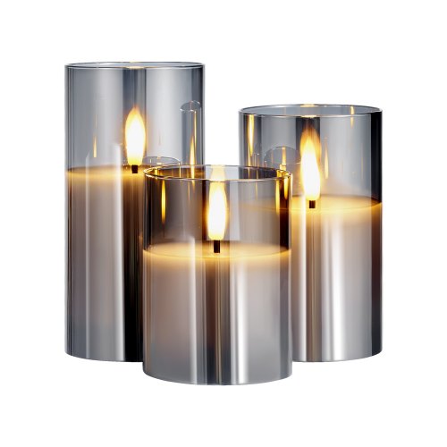 Gray Flickering Flameless Candles, Set of 3 Battery Operated Flameless Led Candles with 10-Key Remote and Timer, Real Wax & Warm Color Flickering Light for Festival Wedding Home Party Decor