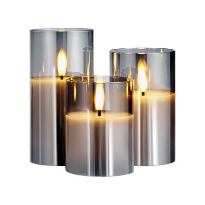 Gray Flickering Flameless Candles, Set of 3 Battery Operated Flameless Led Candles with 10-Key Remote and Timer, Real Wax & Warm Color Flickering Light for Festival Wedding Home Party Decor