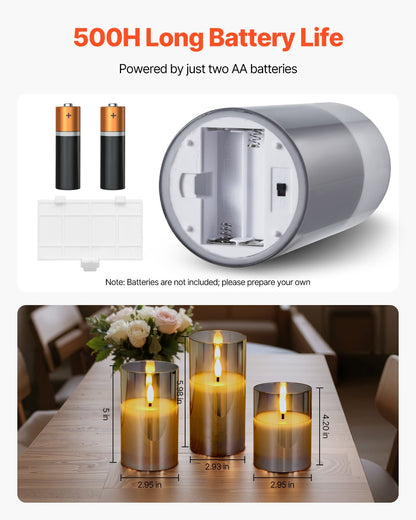 Gray Flickering Flameless Candles, Set of 3 Battery Operated Flameless Led Candles with 10-Key Remote and Timer, Real Wax & Warm Color Flickering Light for Festival Wedding Home Party Decor