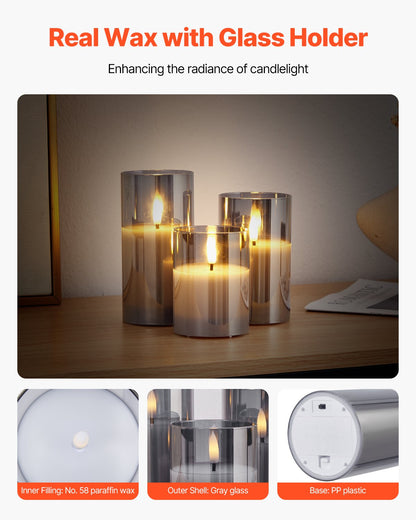 Gray Flickering Flameless Candles, Set of 3 Battery Operated Flameless Led Candles with 10-Key Remote and Timer, Real Wax & Warm Color Flickering Light for Festival Wedding Home Party Decor