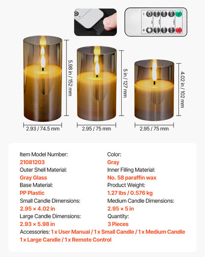 Gray Flickering Flameless Candles, Set of 3 Battery Operated Flameless Led Candles with 10-Key Remote and Timer, Real Wax & Warm Color Flickering Light for Festival Wedding Home Party Decor
