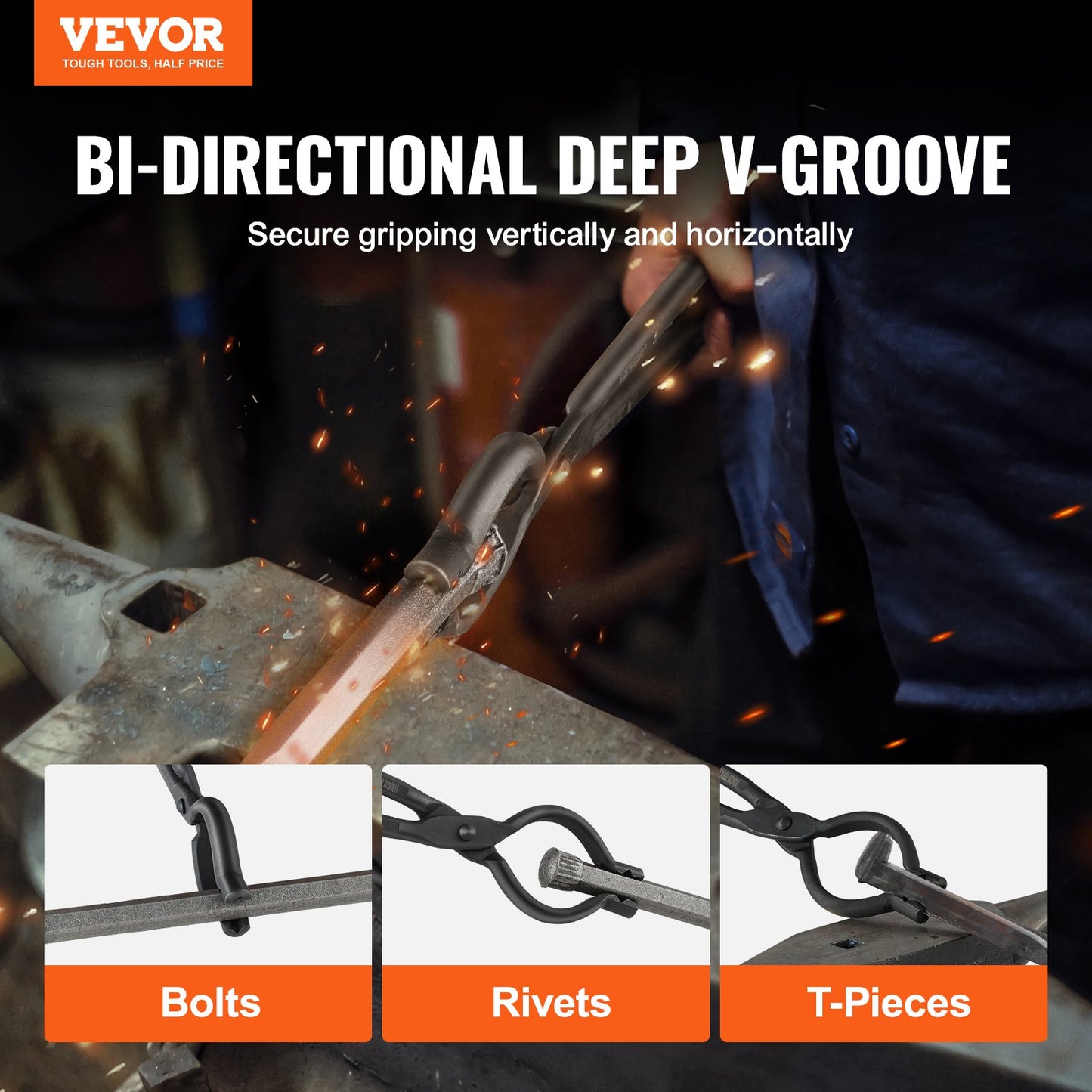 Schmiedezange, 18-Zoll-V-Bit-Bolzenzange, Schmiedezange aus Kohlenstoffstahl mit A3-Stahlnieten, für lange, unregelmäßige und stachelförmige Schmiedestücke, für Anfänger und erfahrene Schmiede und Klingenschmiede