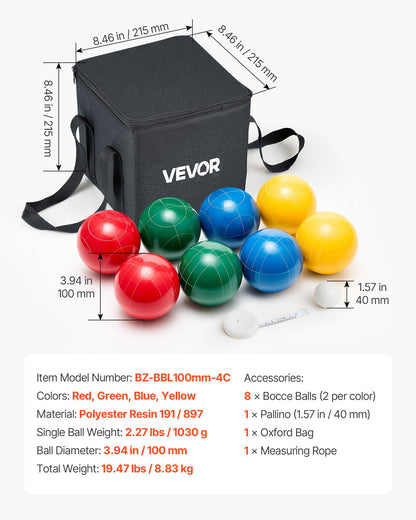 Bocce Ball Set, 100 mm, with 8 Resin Balls, Pallino, Carrying Bag and Measuring Rope, Red/Green/Blue/Yellow 4 Colors, for 2 to 8 Players, Bocce Ball Game Set for Beach, Lawn, Family Backyard
