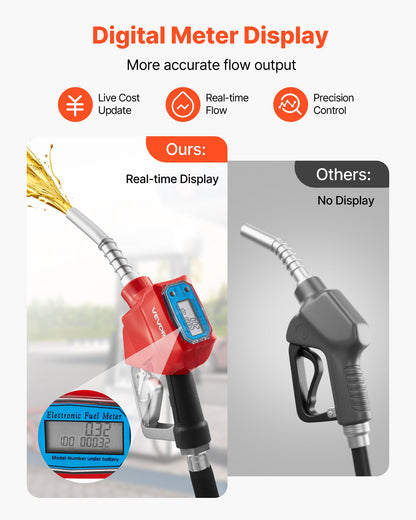 1 Inch Barb Digital Fuel Nozzle with Swivel, Max Flow Rate 12.6 GPM, Auto Shut Off Diesel Gas Pump Nozzle with 3/16 in (OD=20 mm) Spout & Digital Display, Used for Gasoline, Diesel, Kerosene Red