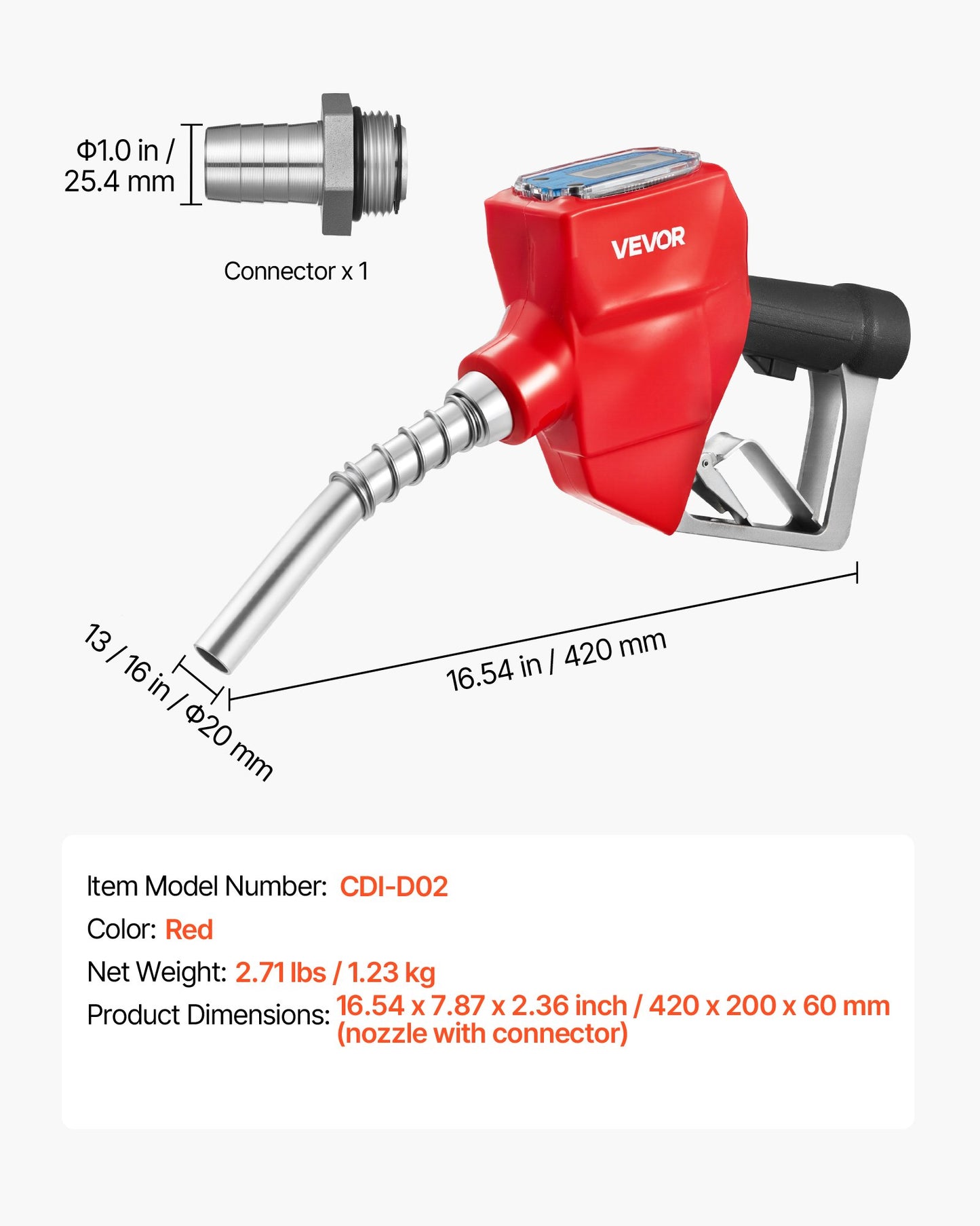 1 Inch Barb Digital Fuel Nozzle with Swivel, Max Flow Rate 12.6 GPM, Auto Shut Off Diesel Gas Pump Nozzle with 3/16 in (OD=20 mm) Spout & Digital Display, Used for Gasoline, Diesel, Kerosene Red
