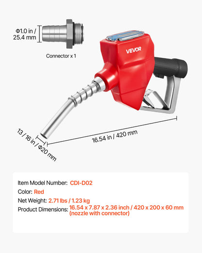 1 Inch Barb Digital Fuel Nozzle with Swivel, Max Flow Rate 12.6 GPM, Auto Shut Off Diesel Gas Pump Nozzle with 3/16 in (OD=20 mm) Spout & Digital Display, Used for Gasoline, Diesel, Kerosene Red