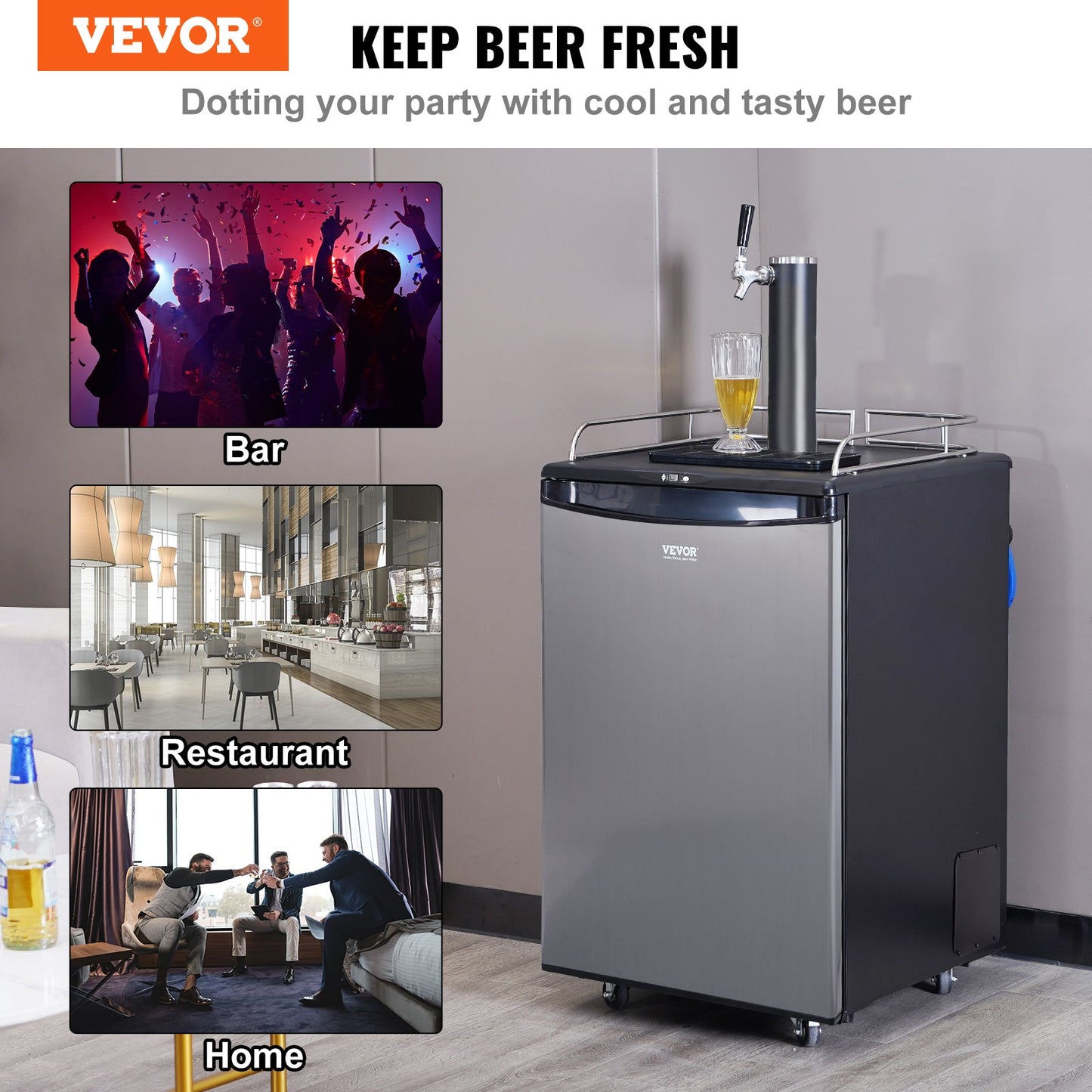 Beer Kegerator, Single Tap Draft Beer Dispenser, Full Size Keg Refrigerator With Shelves, CO2 Cylinder, Drip Tray & Rail, 32°F- 75.2°F Temperature Control, Holds 1/6, 1/4, 1/2 Barrels, Silver