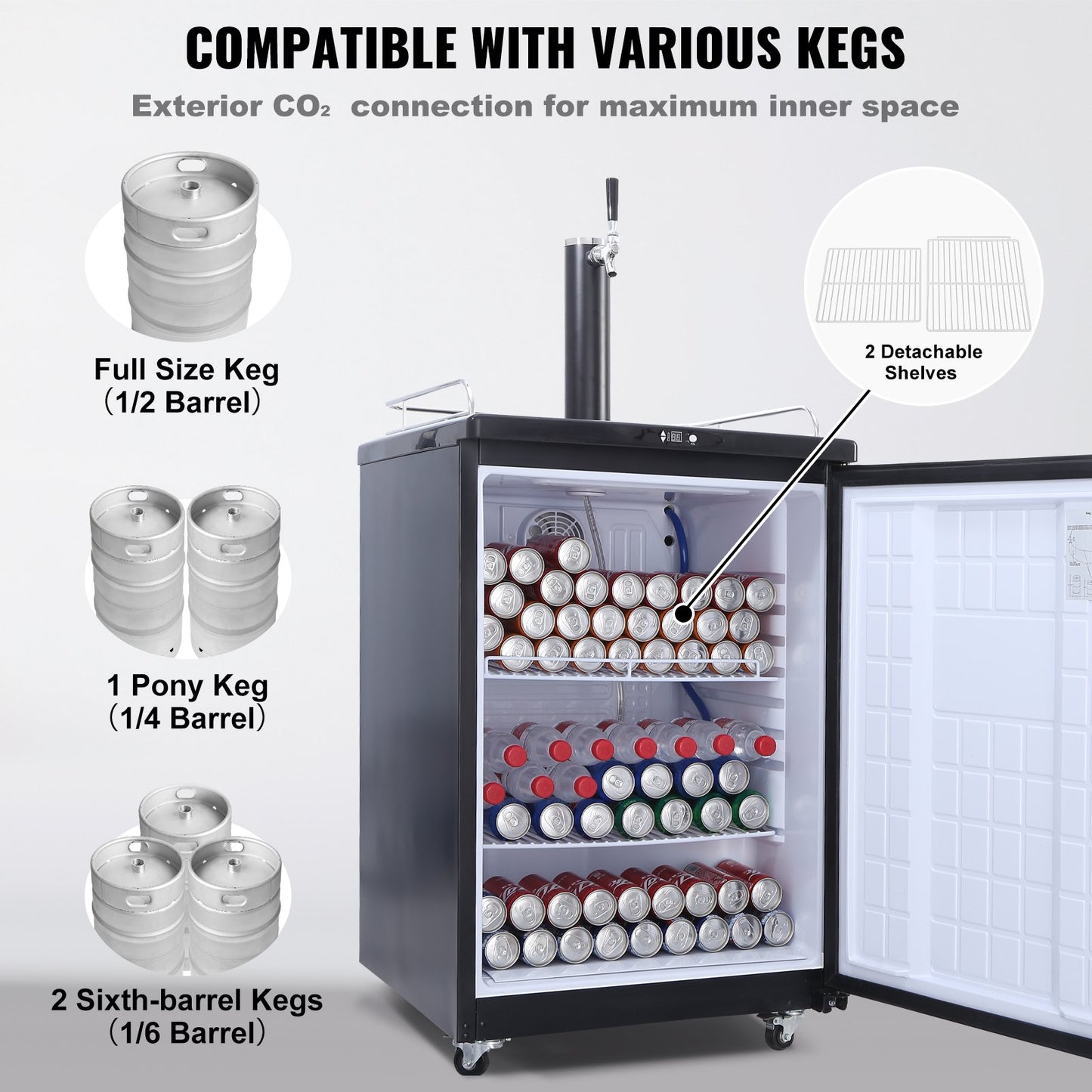 Beer Kegerator, Single Tap Draft Beer Dispenser, Full Size Keg Refrigerator With Shelves, CO2 Cylinder, Drip Tray & Rail, 32°F- 75.2°F Temperature Control, Holds 1/6, 1/4, 1/2 Barrels, Silver