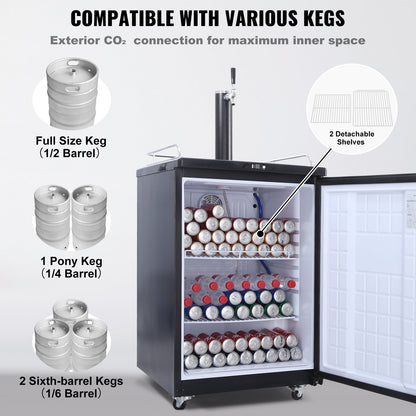 Beer Kegerator, Single Tap Draft Beer Dispenser, Full Size Keg Refrigerator With Shelves, CO2 Cylinder, Drip Tray & Rail, 32°F- 75.2°F Temperature Control, Holds 1/6, 1/4, 1/2 Barrels, Silver