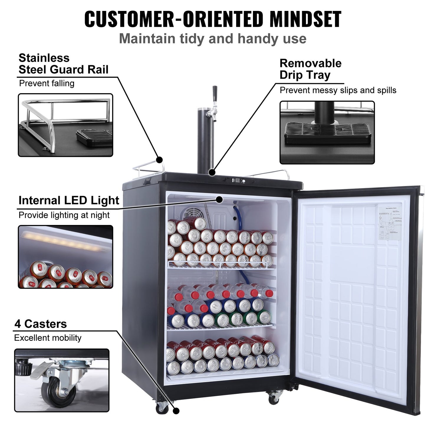 Beer Kegerator, Single Tap Draft Beer Dispenser, Full Size Keg Refrigerator With Shelves, CO2 Cylinder, Drip Tray & Rail, 32°F- 75.2°F Temperature Control, Holds 1/6, 1/4, 1/2 Barrels, Silver