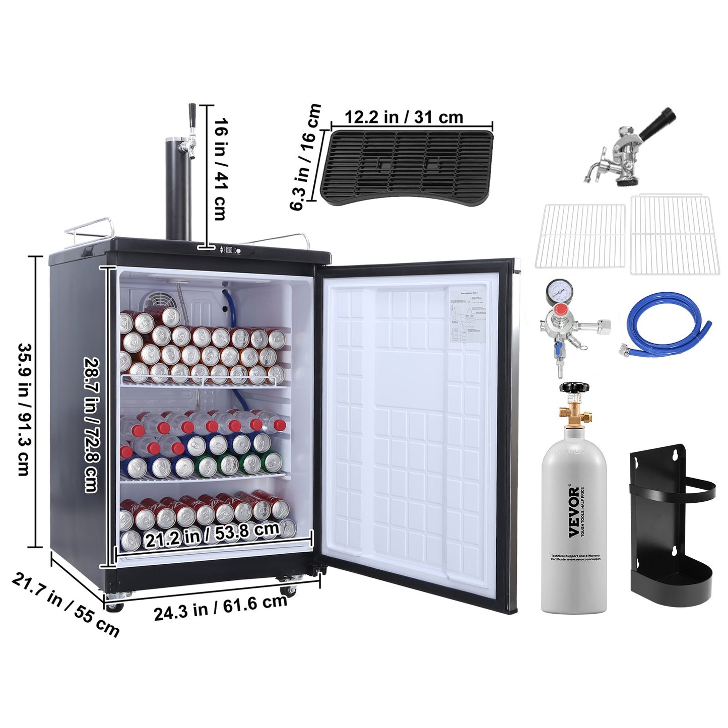 Beer Kegerator, Single Tap Draft Beer Dispenser, Full Size Keg Refrigerator With Shelves, CO2 Cylinder, Drip Tray & Rail, 32°F- 75.2°F Temperature Control, Holds 1/6, 1/4, 1/2 Barrels, Silver