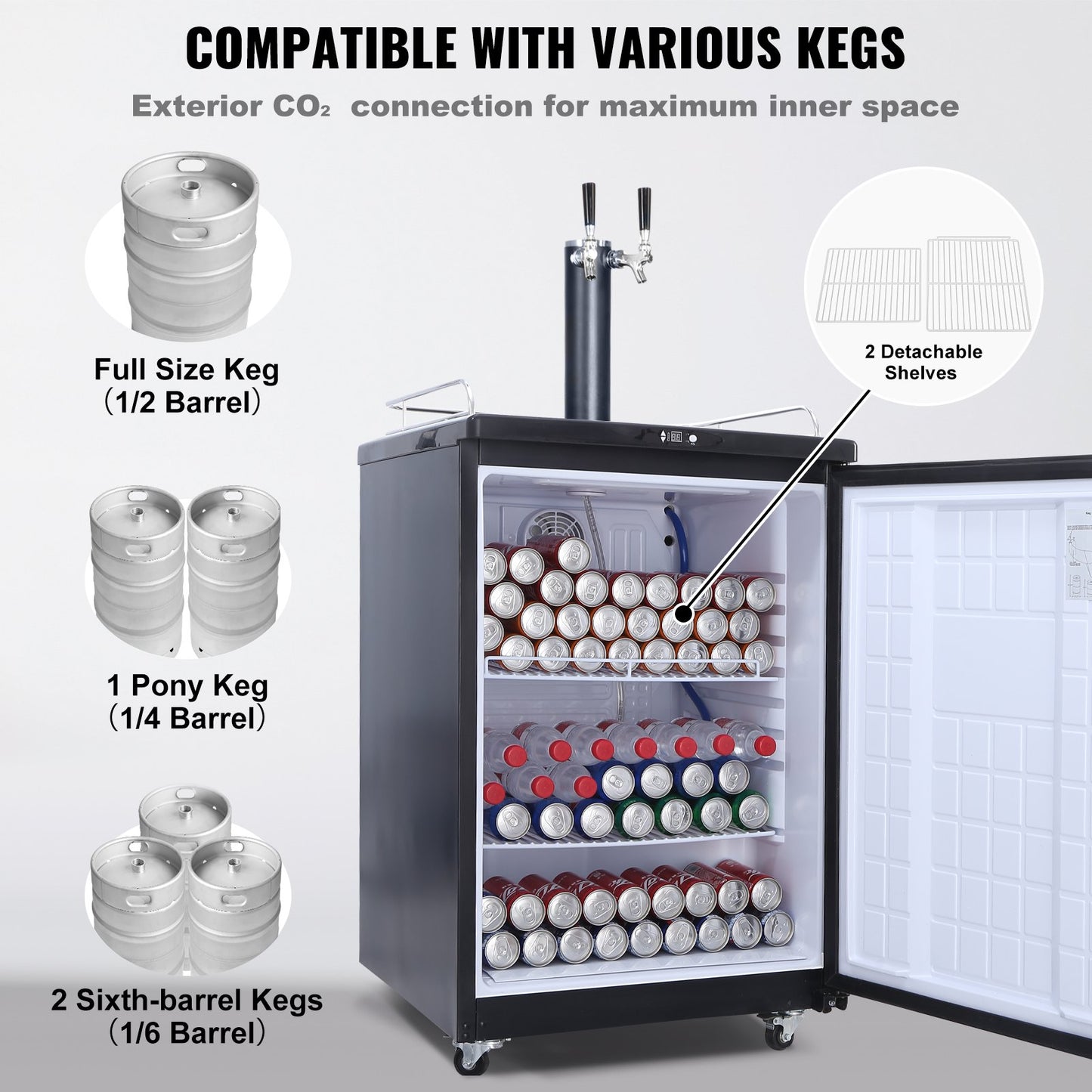 Beer Kegerator, Dual Tap Draft Beer Dispenser, Full Size Keg Refrigerator With Shelves, CO2 Cylinder, Drip Tray & Rail, 32°F- 75.2°F Temperature Control, Holds 1/6, 1/4, 1/2 Barrels, Black
