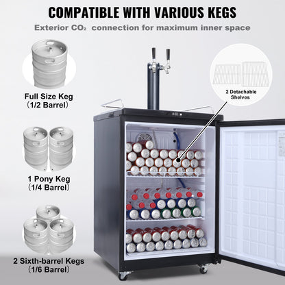 Beer Kegerator, Dual Tap Draft Beer Dispenser, Full Size Keg Refrigerator With Shelves, CO2 Cylinder, Drip Tray & Rail, 32°F- 75.2°F Temperature Control, Holds 1/6, 1/4, 1/2 Barrels, Black