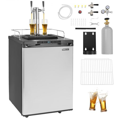 Beer Kegerator, Dual Tap Draft Beer Dispenser, Full Size Keg Refrigerator With Shelf, CO2 Tank(No Gas), Drip Tray & Rail, 23°F- 82.4°F Temperature Control, 162L, Silver