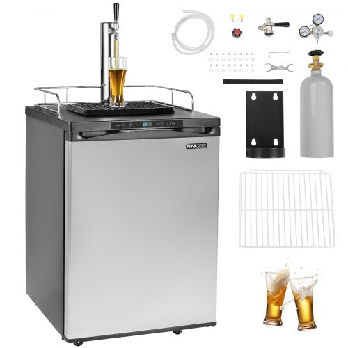 Beer Kegerator, Single Tap Draft Beer Dispenser, Full Size Keg Refrigerator With Shelf, CO2 Tank(No Gas), Drip Tray & Rail, 23°F- 82.4°F Temperature Control, 162L, Silver