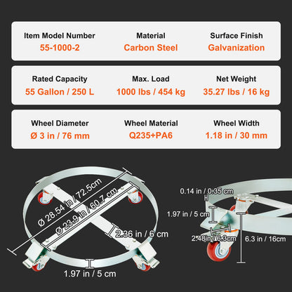 2PCS 55 Gallon Heavy Duty Drum Dolly, 1000 lbs Load Capacity, Barrel Dolly Cart Drum Caddy, Non Tipping Hand Truck Capacity Dollies with Steel Frame 4 Swivel Casters Wheel, for Drum Handling